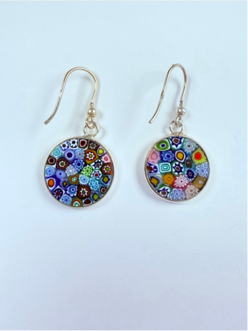 Venetian Murano Glass Millefiori 925 Sterling Silver Dangle Disc Earrings Italy - Picture 4 of 7